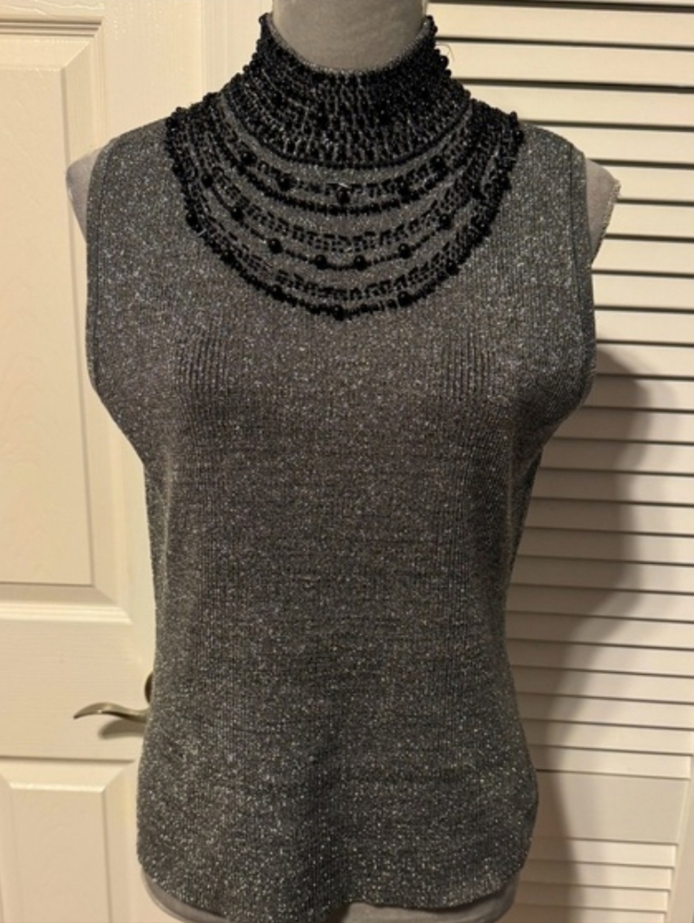EVIE Metallic Gray Sleeveless Mock Neck Top with Beaded Collar